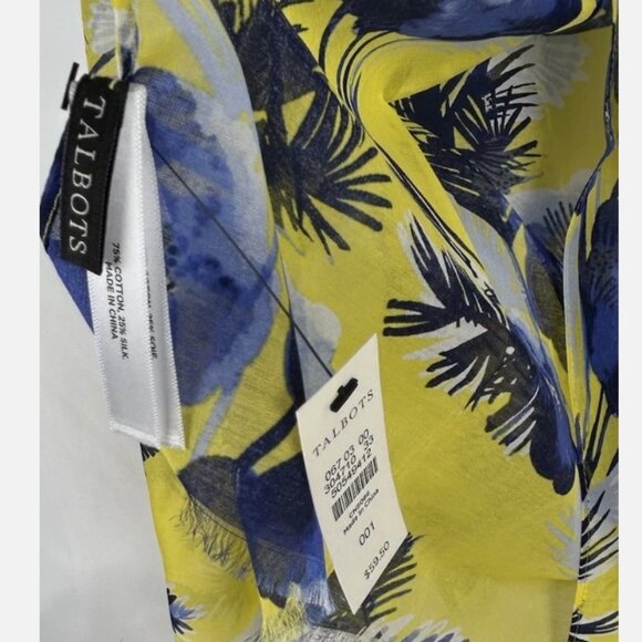 NWT Talbots Blue Yellow Daffodil Floral Rectangle Scarf X Large Silk Cotton - Picture 3 of 3